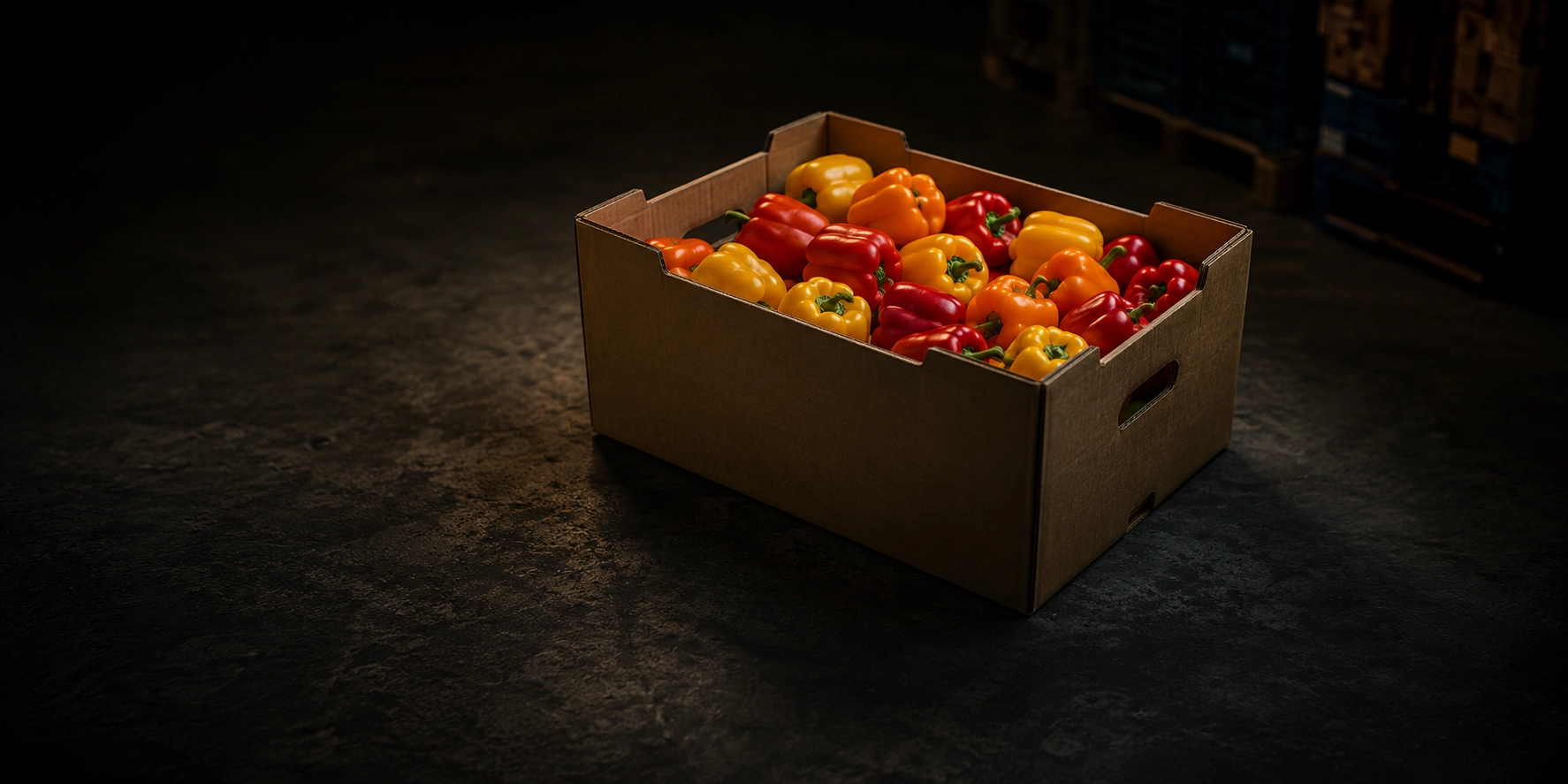 Mixed red, yellow, and orange bell peppers in a box for robotic sorting and classification