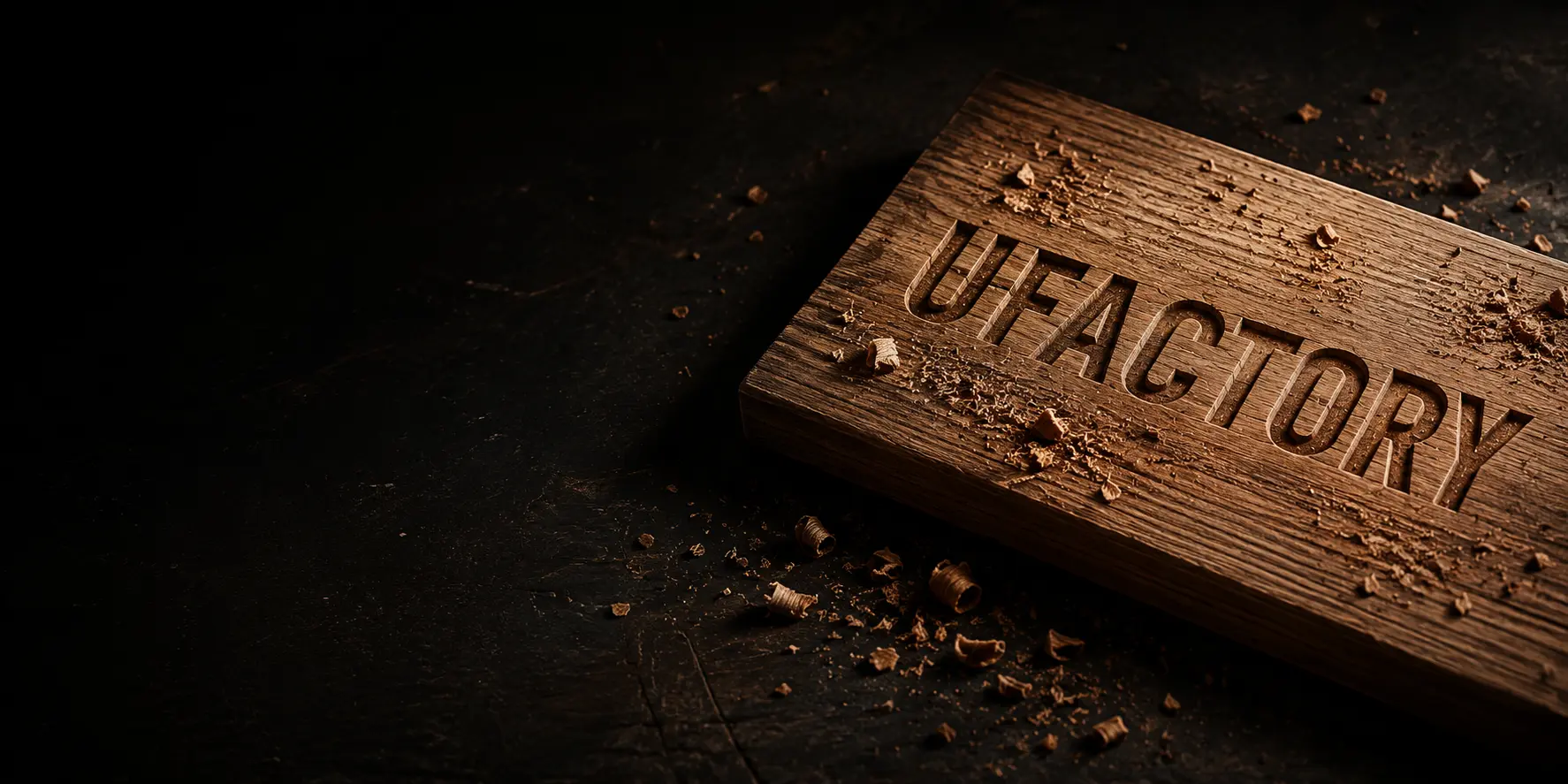 UFACTORY logo routed into a wooden board with wood shavings scattered around it