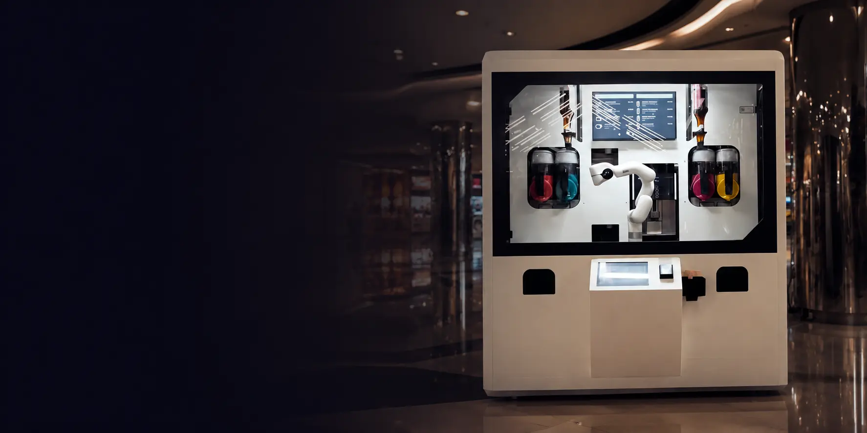 Self-service robot coffee kiosk with a UFACTORY cobot behind glass