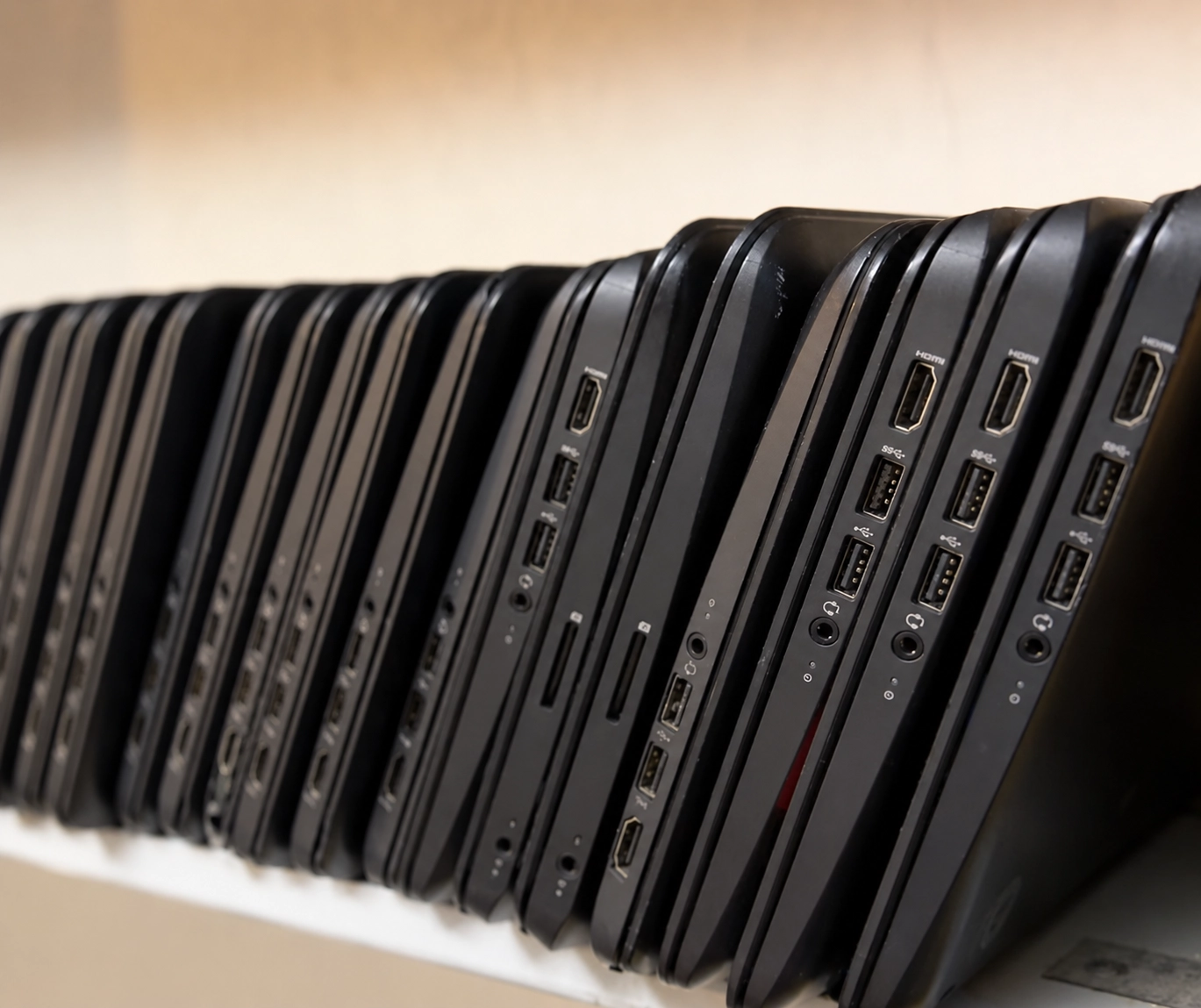 Row of refurbished laptops stood on edge on a shelf, showing HDMI and USB ports