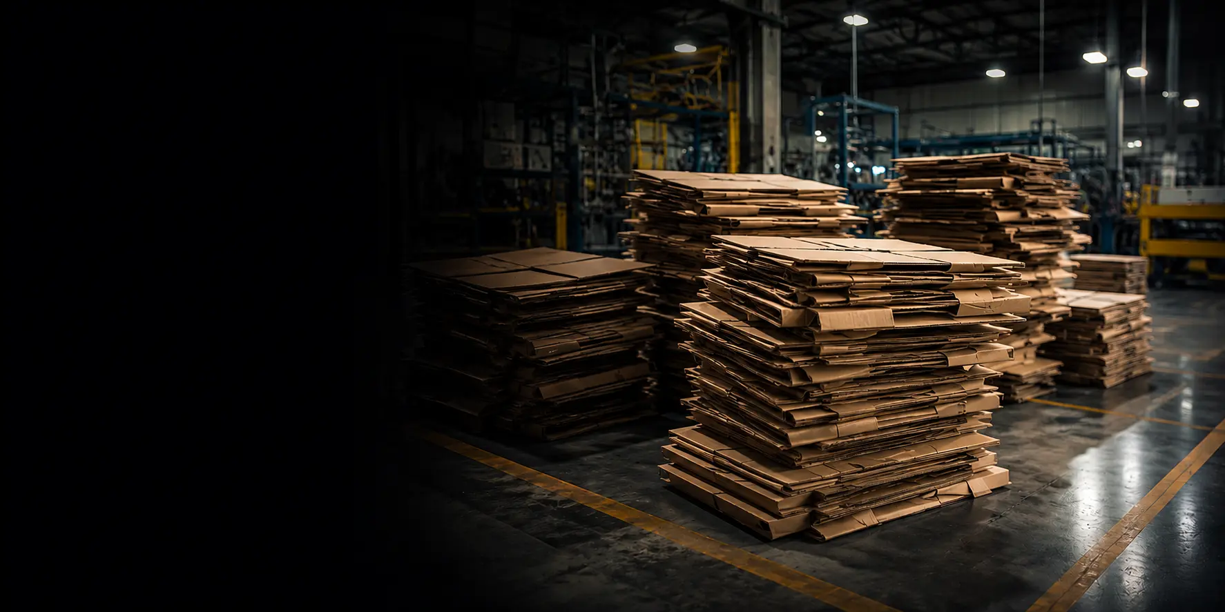Stacks of flat corrugated cartons ready for automated case erecting in a packaging facility