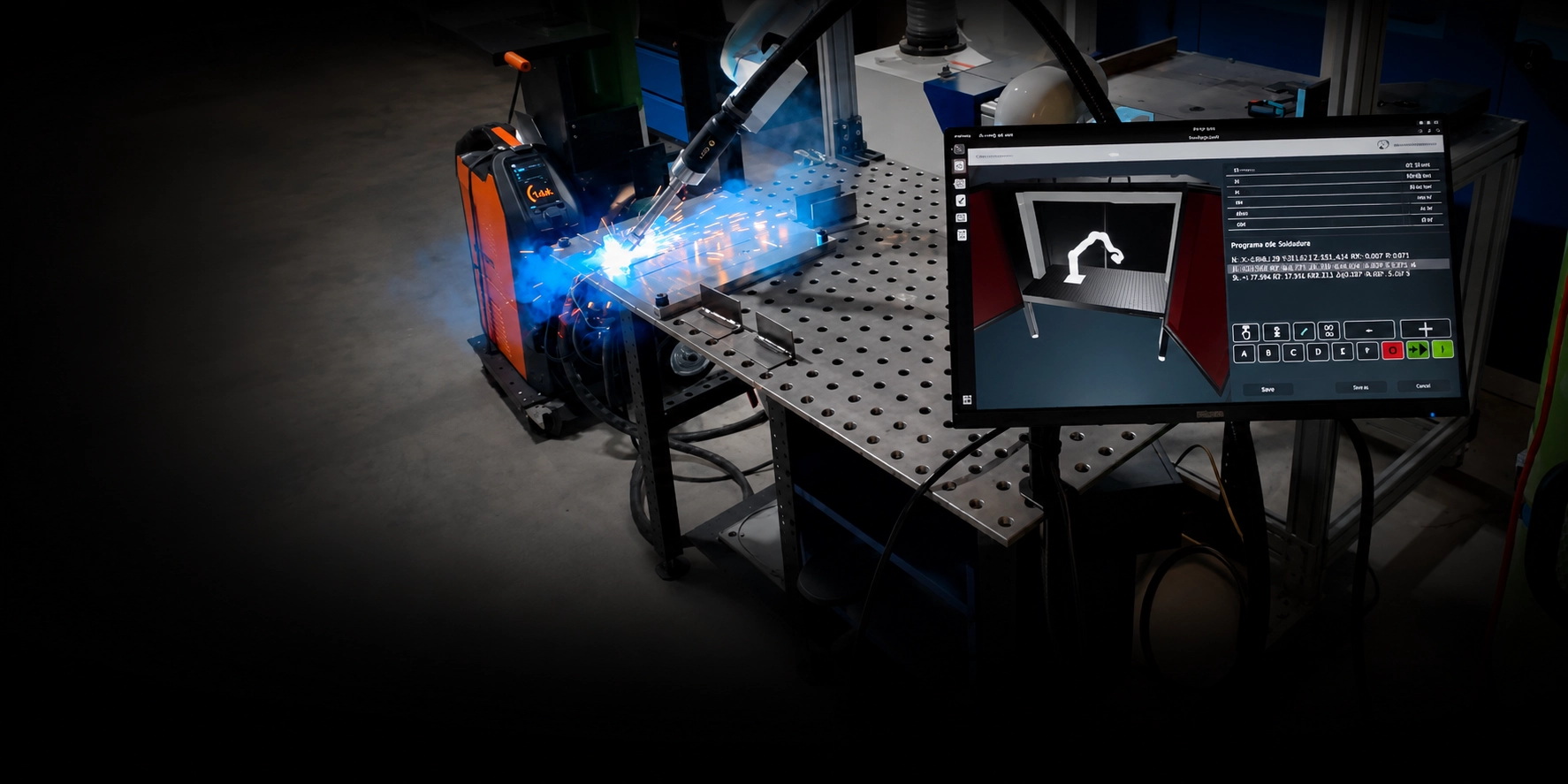 Cobot welding torch striking an arc on a steel workpiece, with the weld program displayed on a monitor