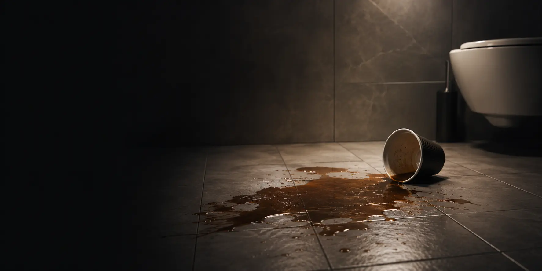 Spilled coffee pooling on restroom floor tiles beside an overturned paper cup