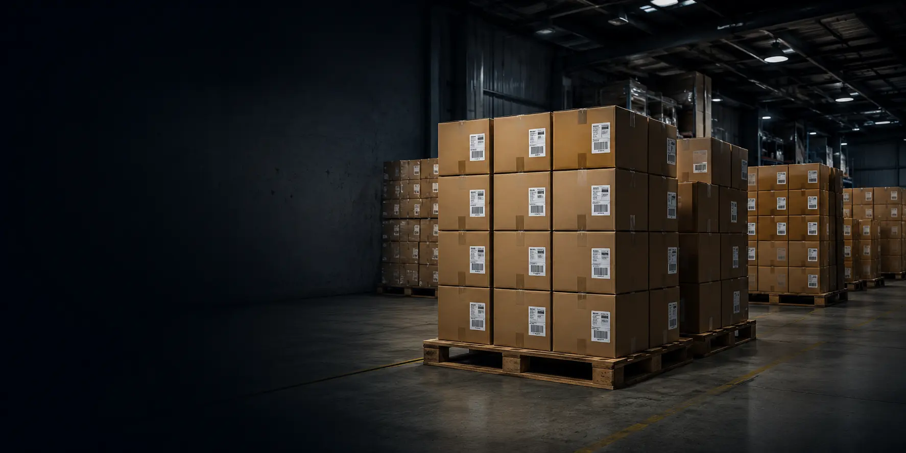 Labeled cardboard boxes stacked on pallets in a warehouse for automated packaging and logistics workflows