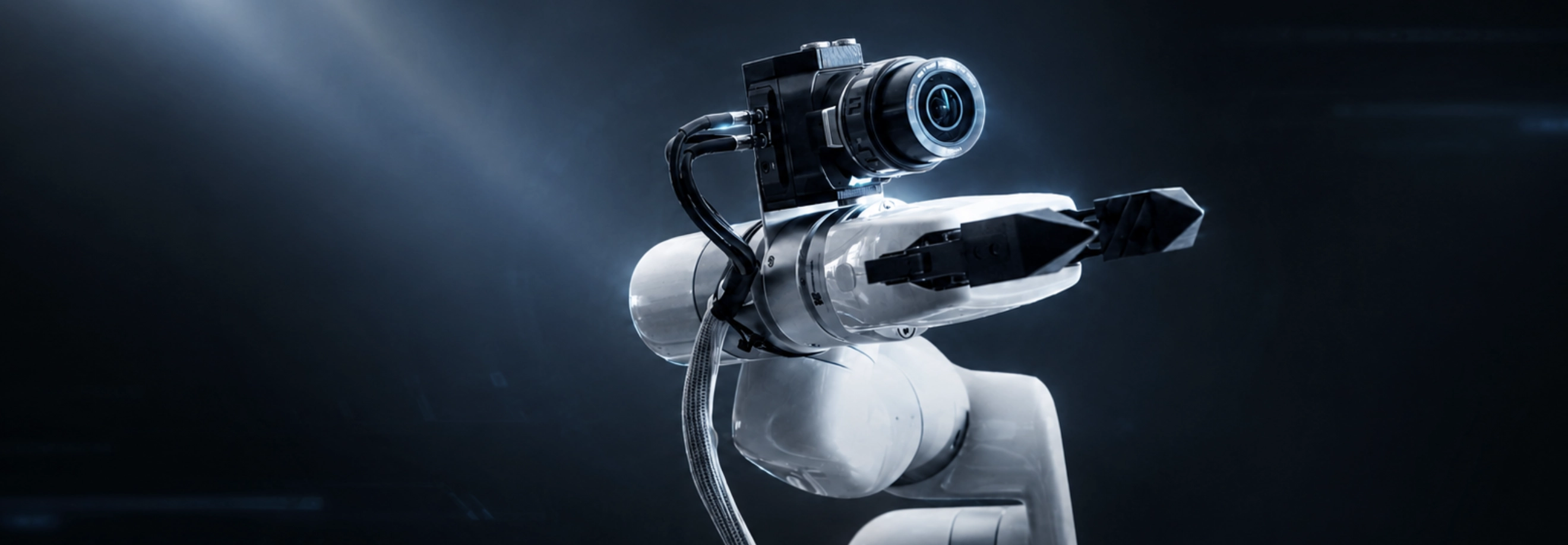 Close-up of a UFACTORY cobot wrist with an industrial camera and gripper