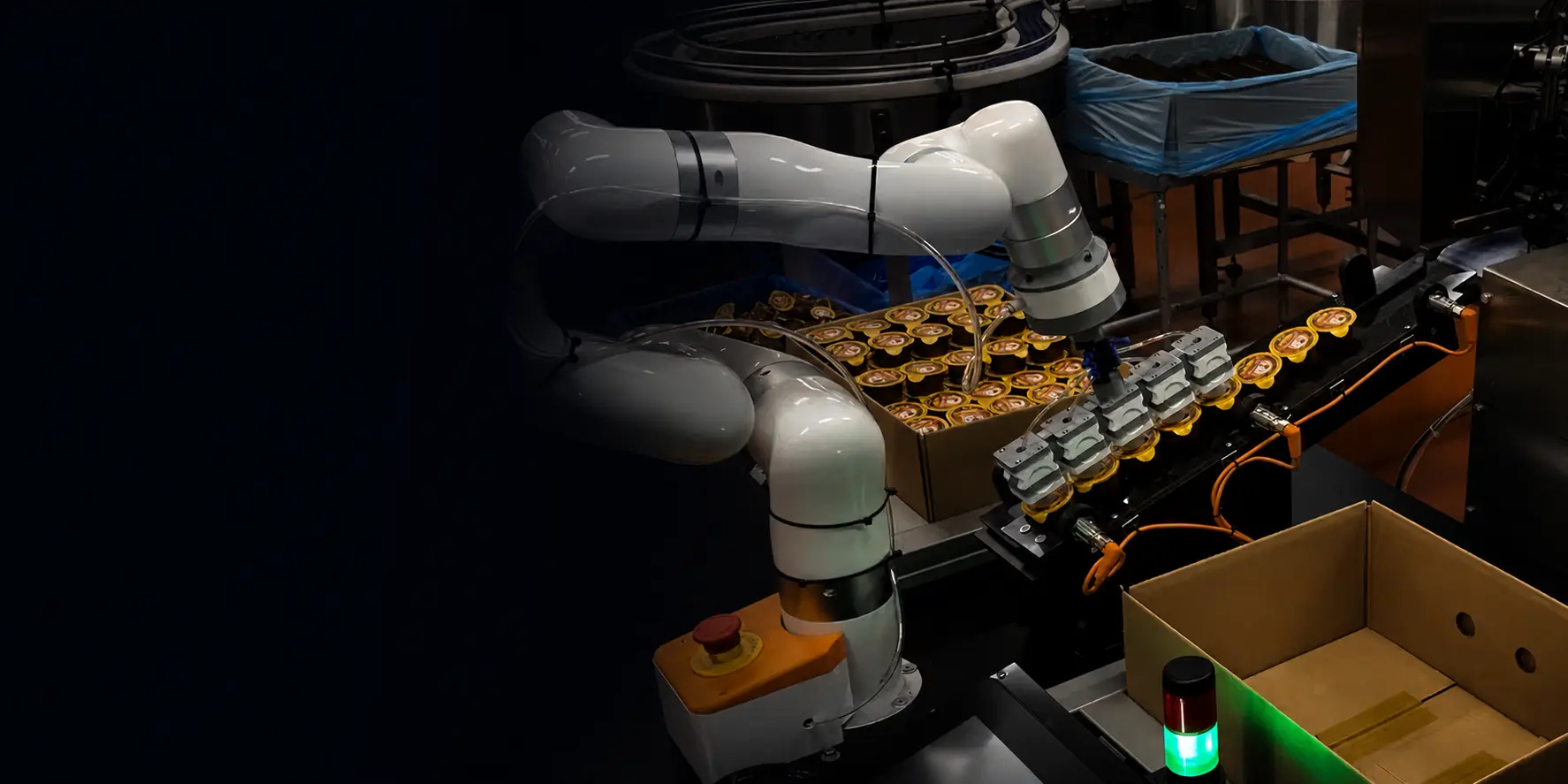 UFACTORY cobot with a multi-cup vacuum gripper placing rows of sealed portion cups into a cardboard case