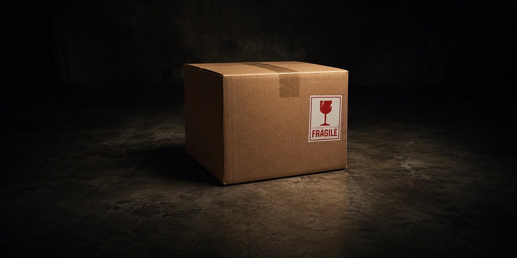 Cardboard shipping box with a fragile label showing consistent product labeling placement