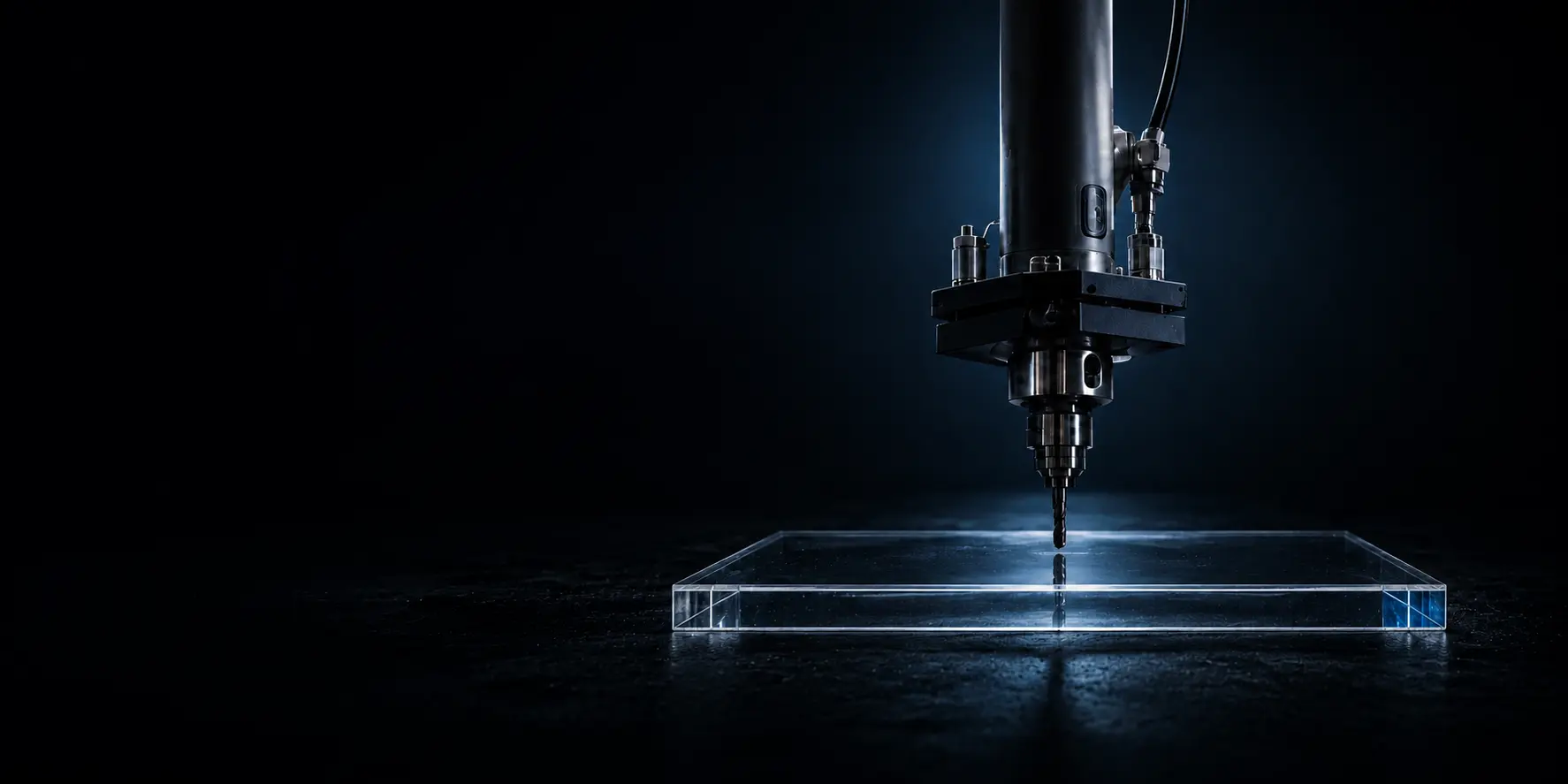 Drill spindle with a bit poised above a clear acrylic sheet on a work surface