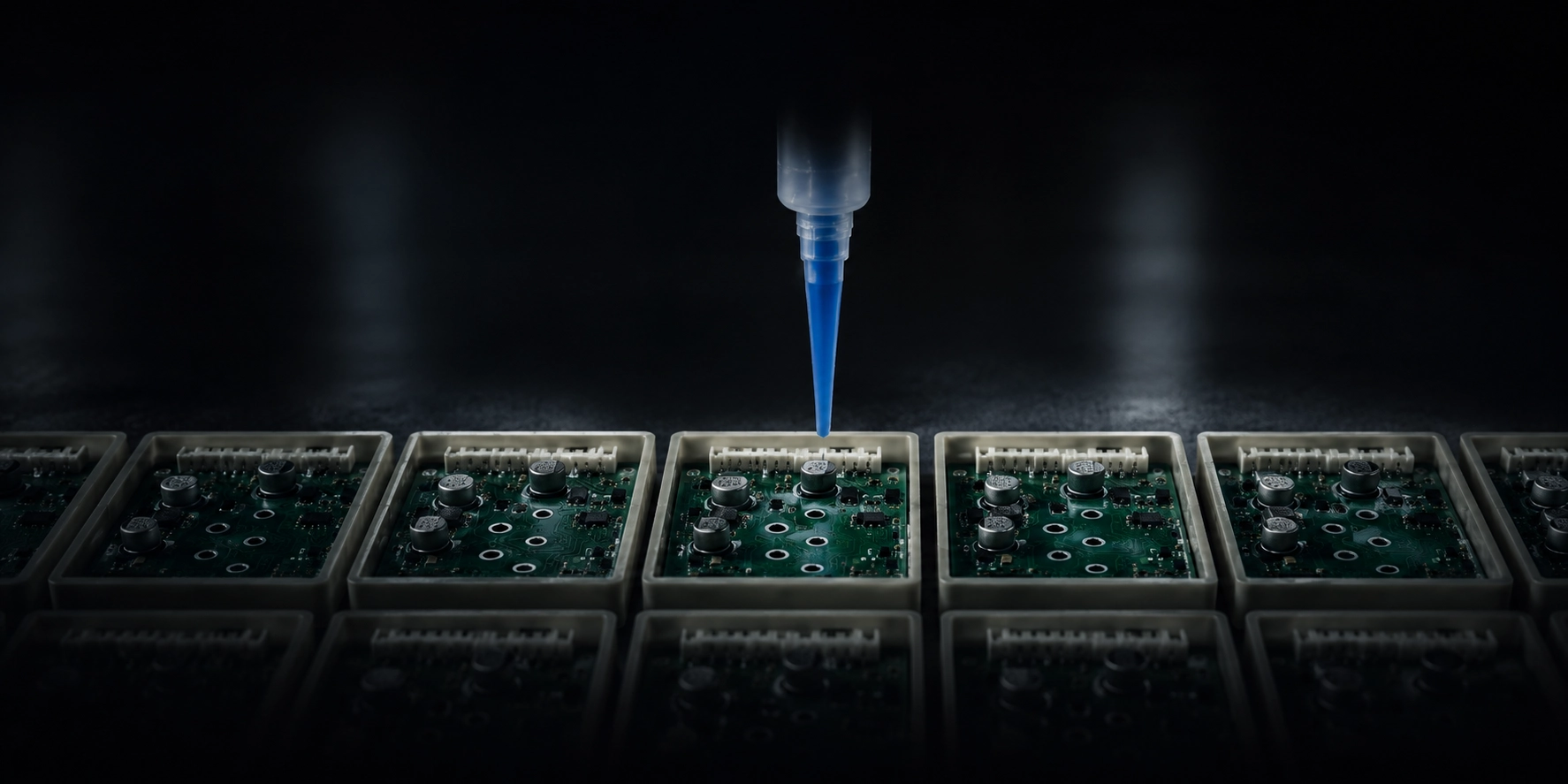 Dispensing needle positioned above a row of circuit boards in housings ready for potting