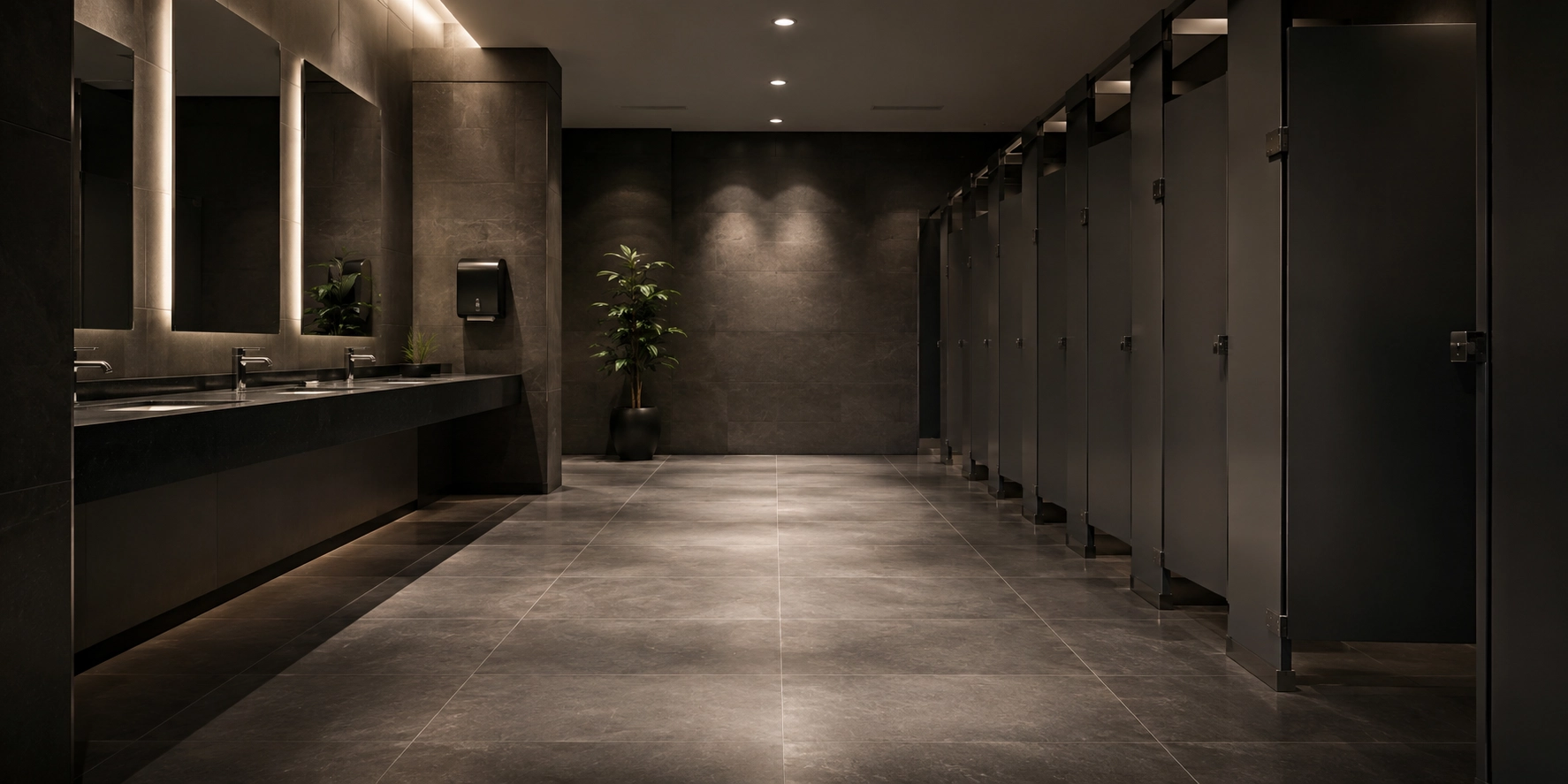 Commercial restroom with sinks, mirrors, and a row of stall doors