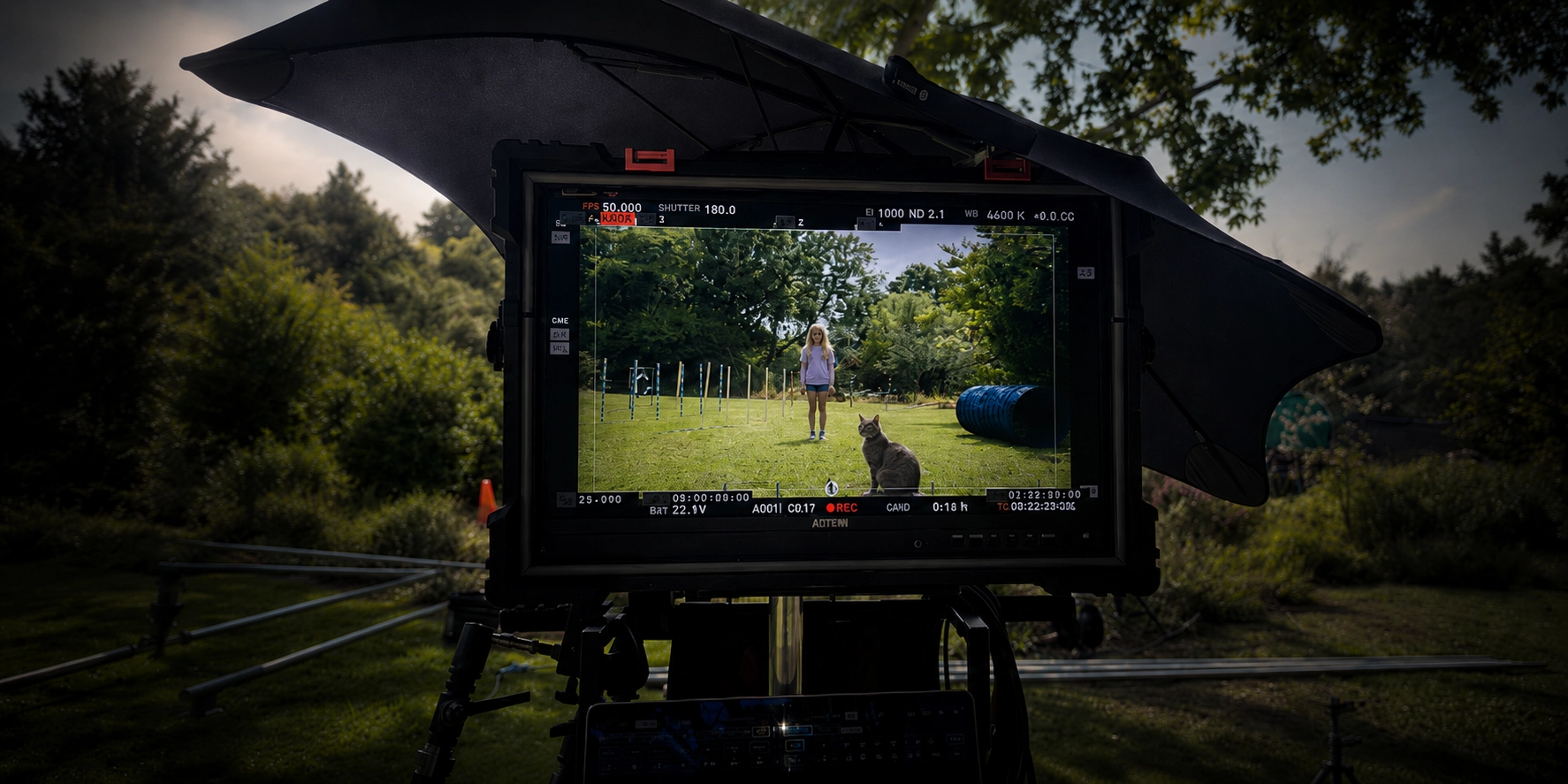 Production monitor displaying an outdoor shot