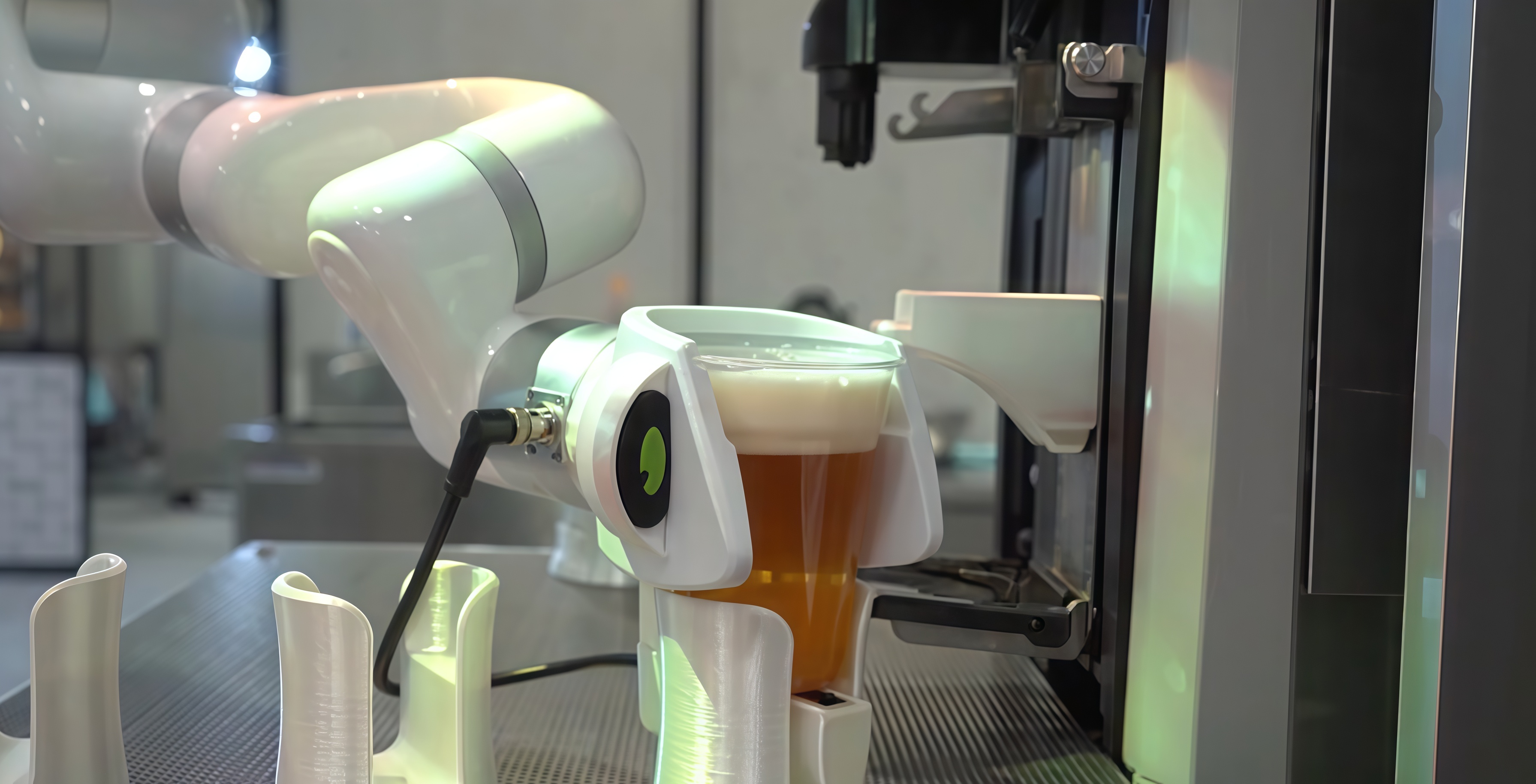 UFACTORY bartender lifting a freshly poured beer from the dispenser on a bar counter
