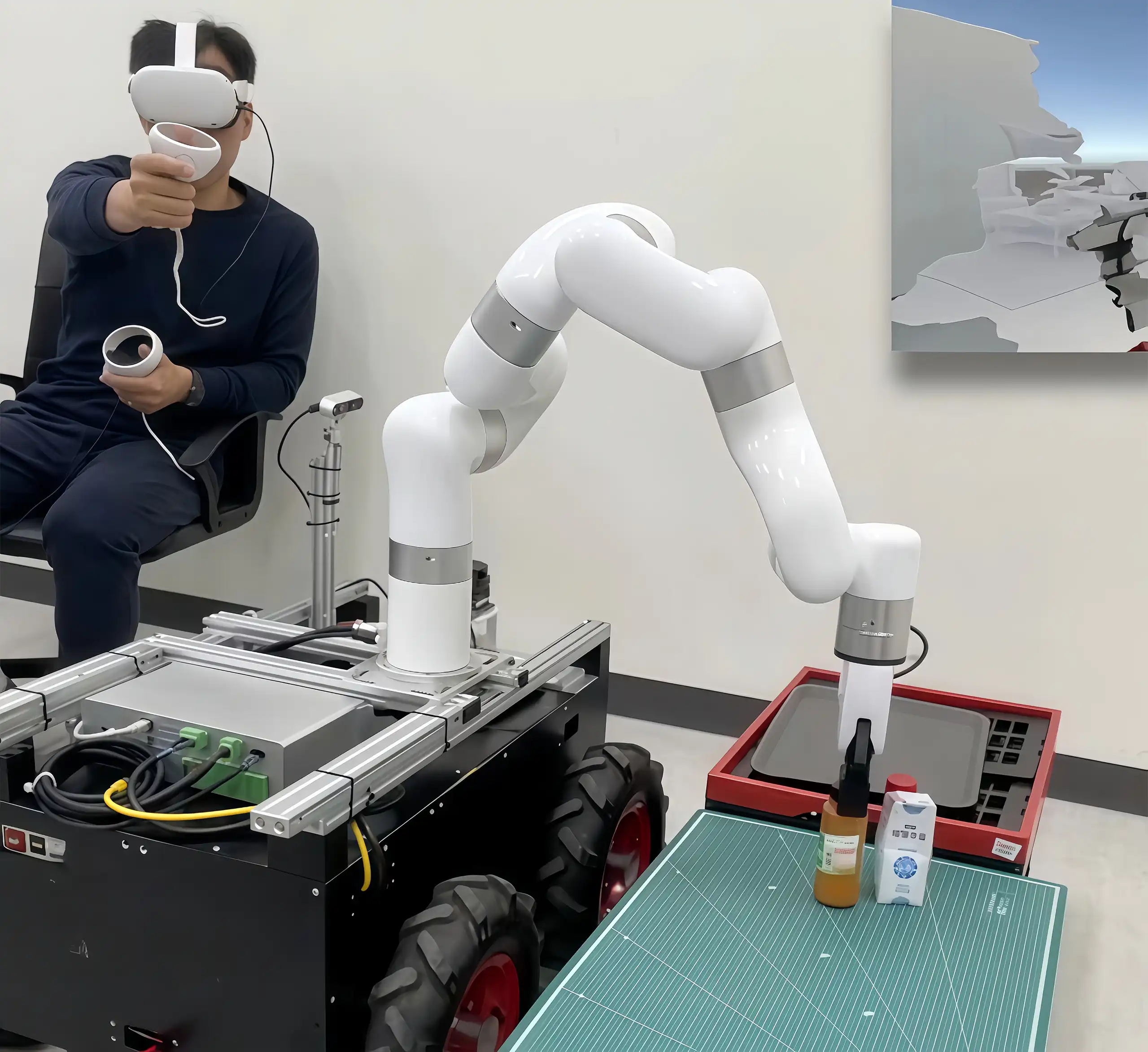 VR operator remotely controls an xArm-mounted mobile manipulator as it reaches for a bottle on a tabletop station