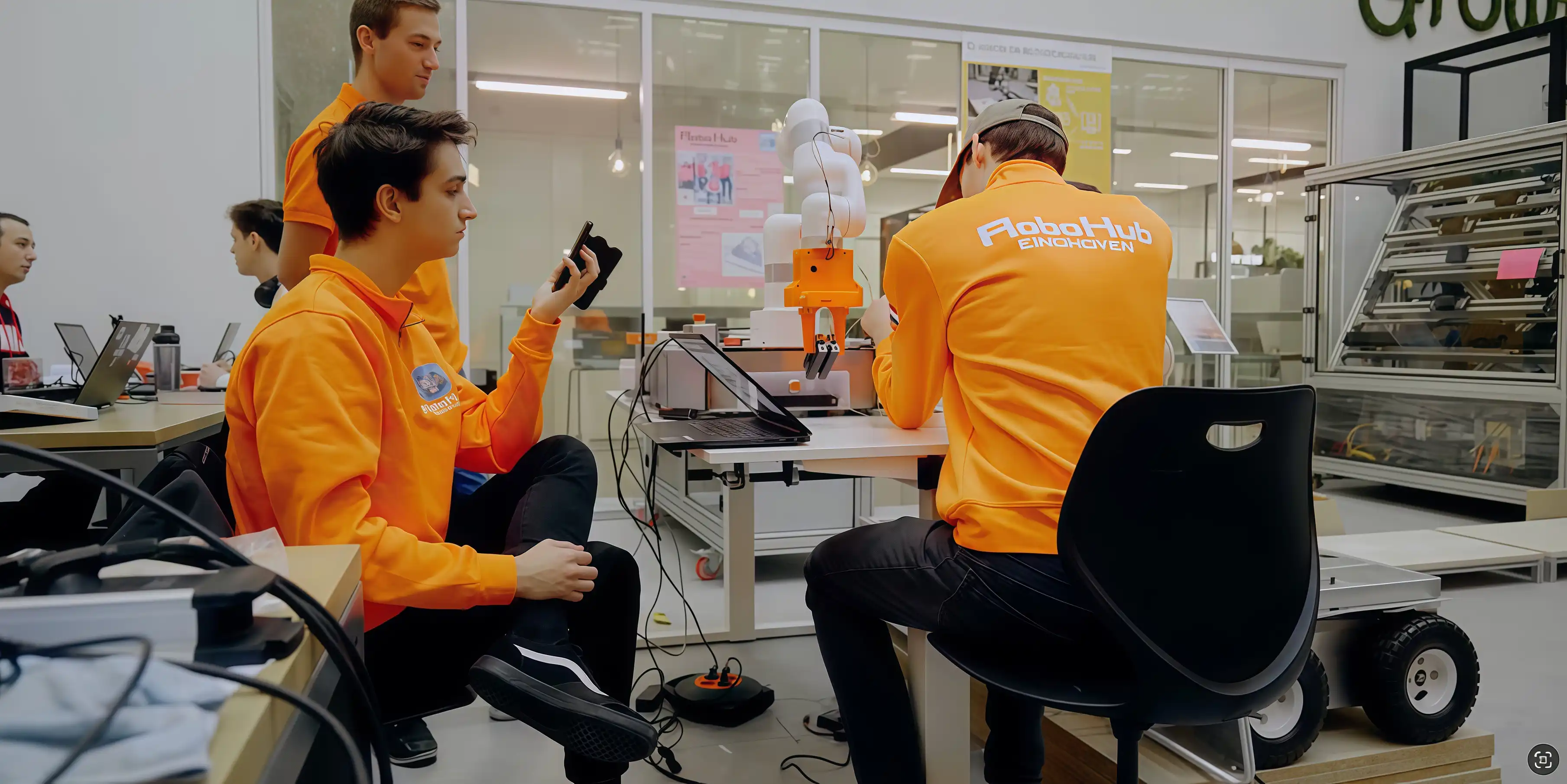 RoboHub Eindhoven team members collaborating for the mobile robotic system in their workspace
