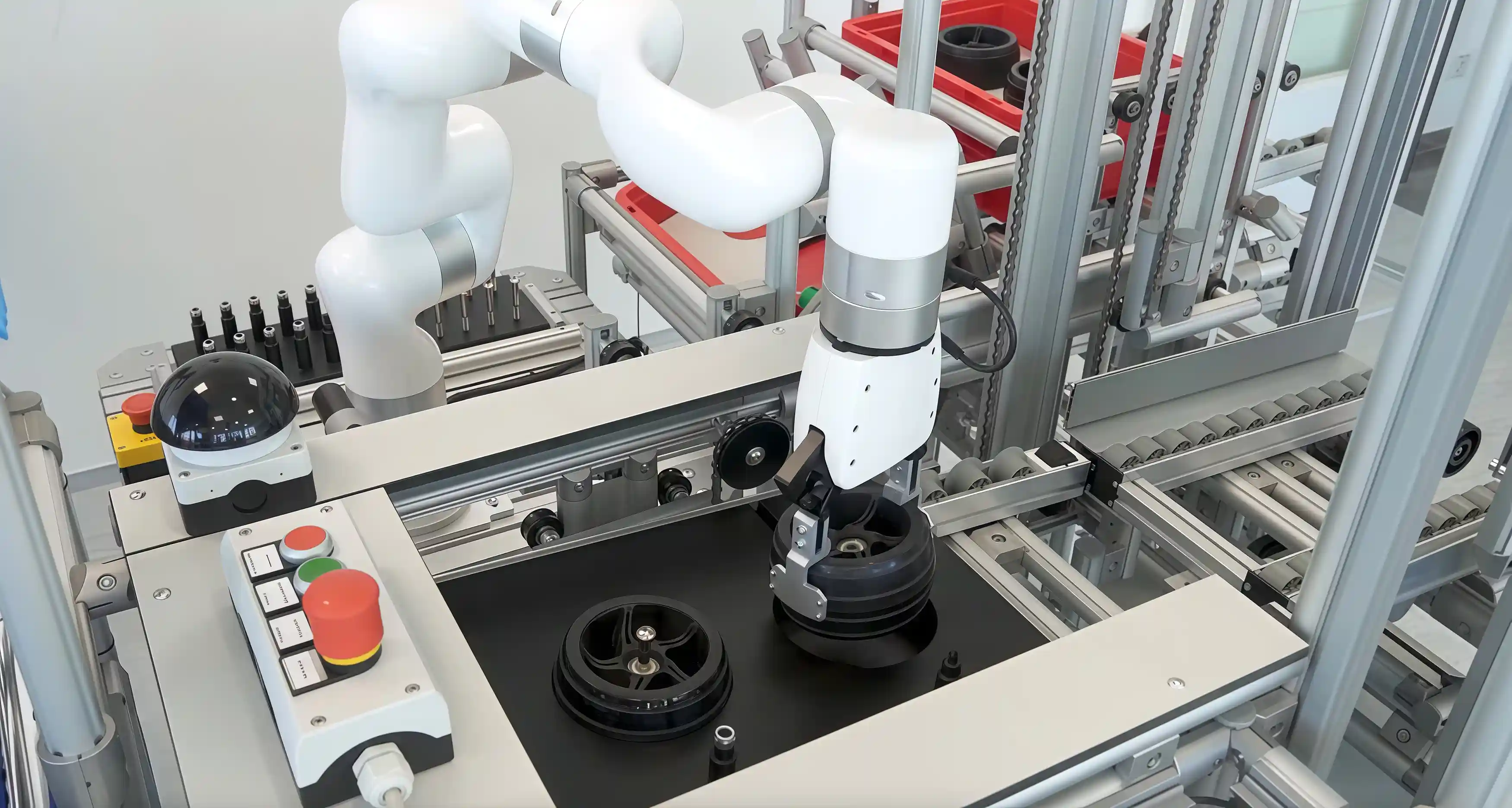 Close-up of xArm holding a wheel component above a custom assembly fixture in a low-cost automation setup