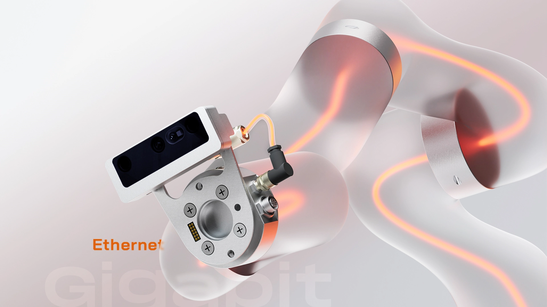 Depth camera mounted on the UFACTORY 850 end flange with an integrated Gigabit Ethernet connector